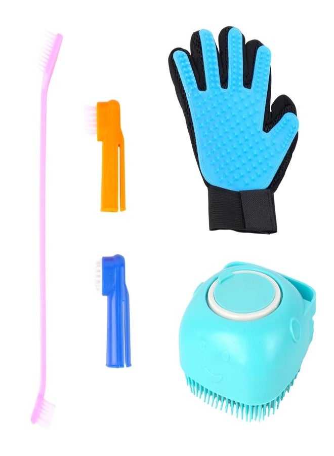 مجموعة العناية بالحيوانات الأليفة مع قفاز لإزالة الشعر الزائد، وفرشاة تدليك، وفرشاة بمقبض طويل، وفرش أصابع للكلاب، باللونين الأزرق والوردي (عبوة من 3 قطع) - Image 1